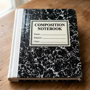 A close-up view of a traditional black marble hard cover composition notebook highlighting its rigid exterior protection.
