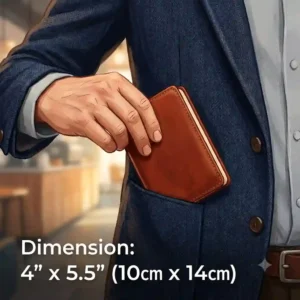 An illustration showing the compact dimensions of a pocket-sized small leather notebook being slipped easily into a jacket pocket.