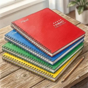 Mead spiral notebooks, a colorful collection of primary color 1-subject binders showing their classic wirebound design.