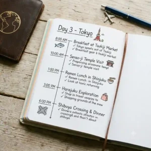 Daily itinerary page inside a travel planner book showing a detailed schedule.