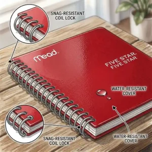 Mead spiral notebooks feature a durable plastic cover and a snag-resistant coil for reliable protection and use.