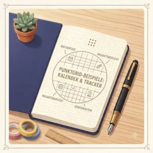A creative bullet journal layout inside a dotted graph notebook with hand-lettered titles and small color-coded habit trackers.