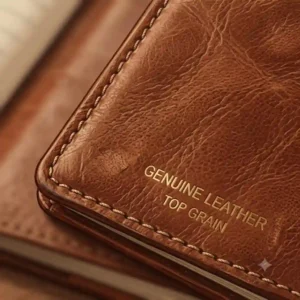 A detailed graphic illustration highlighting the natural grain, durable stitching, and rich texture of a genuine small leather notebook cover.