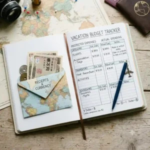 Vacation budget tracker section of a travel planner book filled with expense logs.