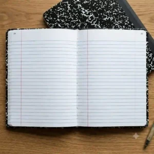 An open hard cover composition notebook revealing clean, blue college-ruled lines and neat red margin lines.