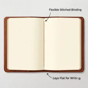 An illustration demonstrating the flexible stitched binding of a small leather notebook that allows it to lay completely flat for easy writing.