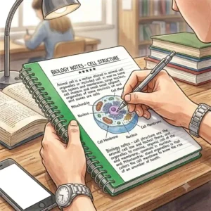 Mead spiral notebooks are used by a high school student to take detailed biology notes during a study session.