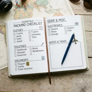 Packing list checklist page in a travel planner book with checked boxes.