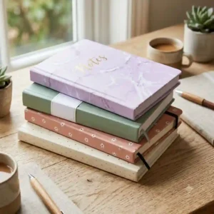 A stack of colorful and aesthetic hard cover composition notebooks in trendy pastel shades.