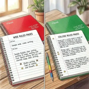 Mead spiral notebooks provide clean white pages with a comparison of wide versus college ruling lines.