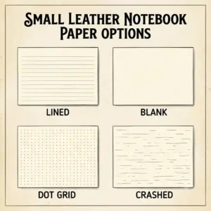 A visual breakdown of the page style options available inside the small leather notebook, featuring lined, blank, and dot grid cream paper.