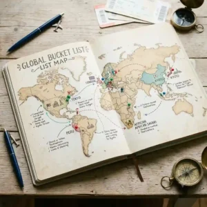 World map spread inside a travel planner book for tracking travel destinations.