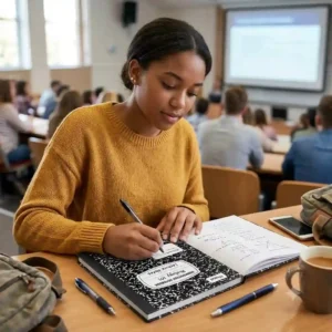 A student using a heavy-duty hardcover composition notebook for taking organized notes during a lecture.