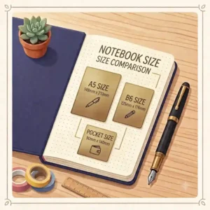 A detailed illustration of the flat-lay binding and open spine design of a high-quality dotted graph notebook.