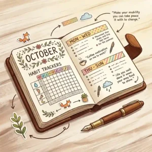 A creative illustration of a small leather notebook being used as a daily planner and bullet journal with colorful hand-drawn icons and habit trackers.