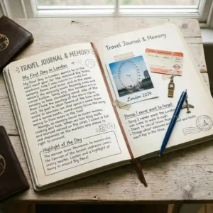 Memory journal section of a travel planner book with photos and souvenir tickets.