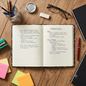 A top-down flat lay view of an open hard cover composition notebook surrounded by neat study and office supplies.
