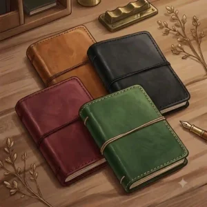A collection mockup showing a small leather notebook available in various classic colors, including tan brown, deep black, forest green, and burgundy.