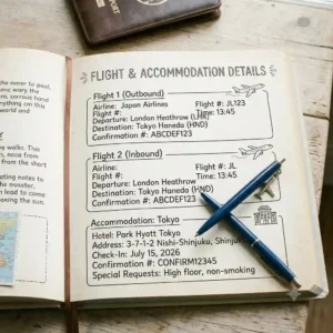 Reservation details page in a travel planner book listing flight and hotel information.