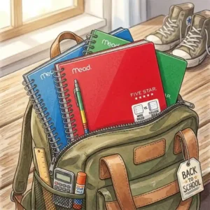 Mead spiral notebooks are packed into a backpack along with other essential school supplies for the first day.