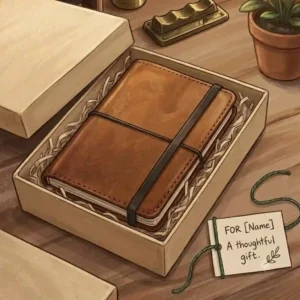 A minimalist illustration of a small leather notebook neatly tucked inside an elegant kraft paper gift box, perfect for holiday or corporate gifting.