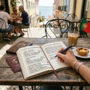 Traveler writing notes inside a physical travel planner book at an outdoor cafe.